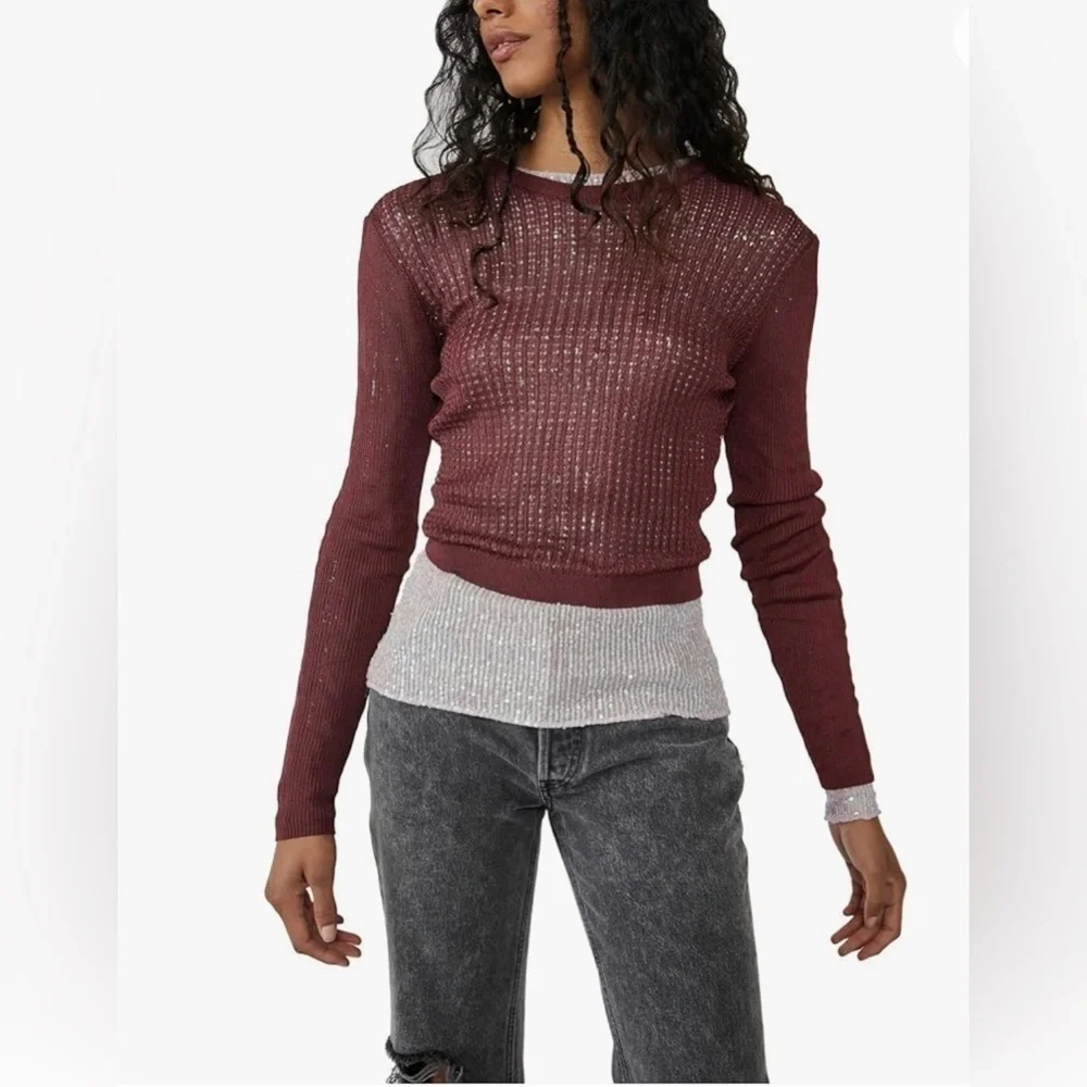 Free People H20 Crew Pullover Sweater Womens Open Knit Ribbed Mesh Sz Medium